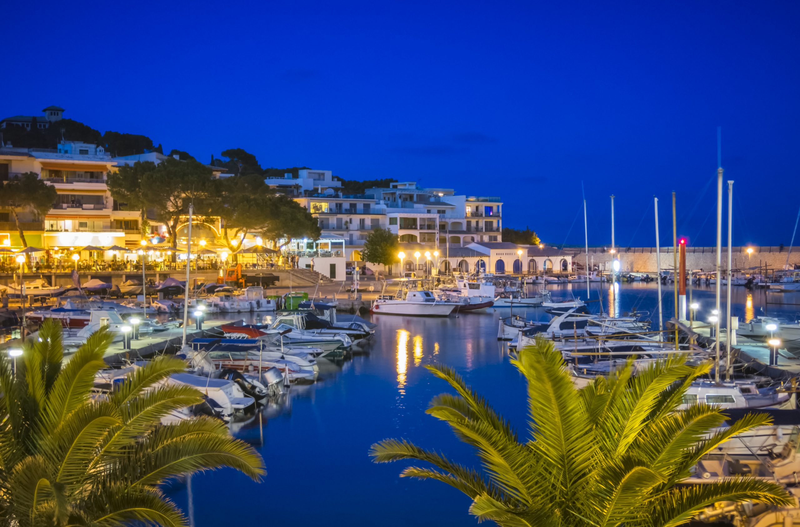 Yachthafen von Cala Ratjada auf Mallorca in der Dämmerung mit Lichtern, Booten und Palmen im Vordergrund