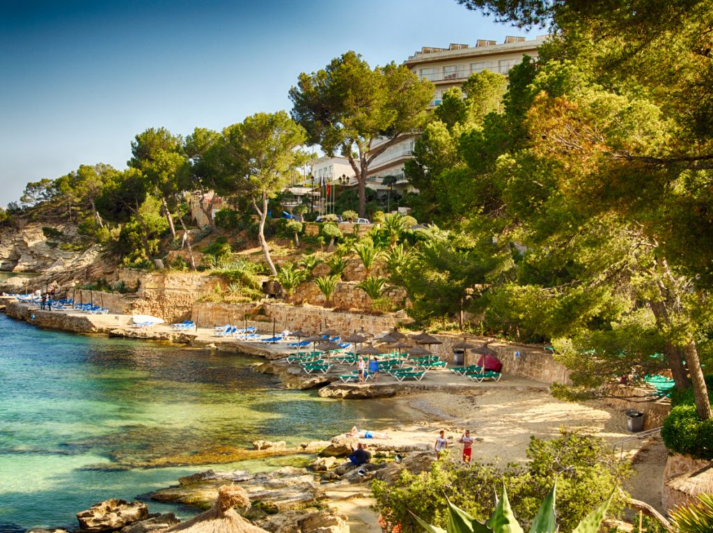 Kleine Badebucht in Cala Fornells mit Liegestühlen auf Felsplateaus, umgeben von Pinien und Hotelgebäuden