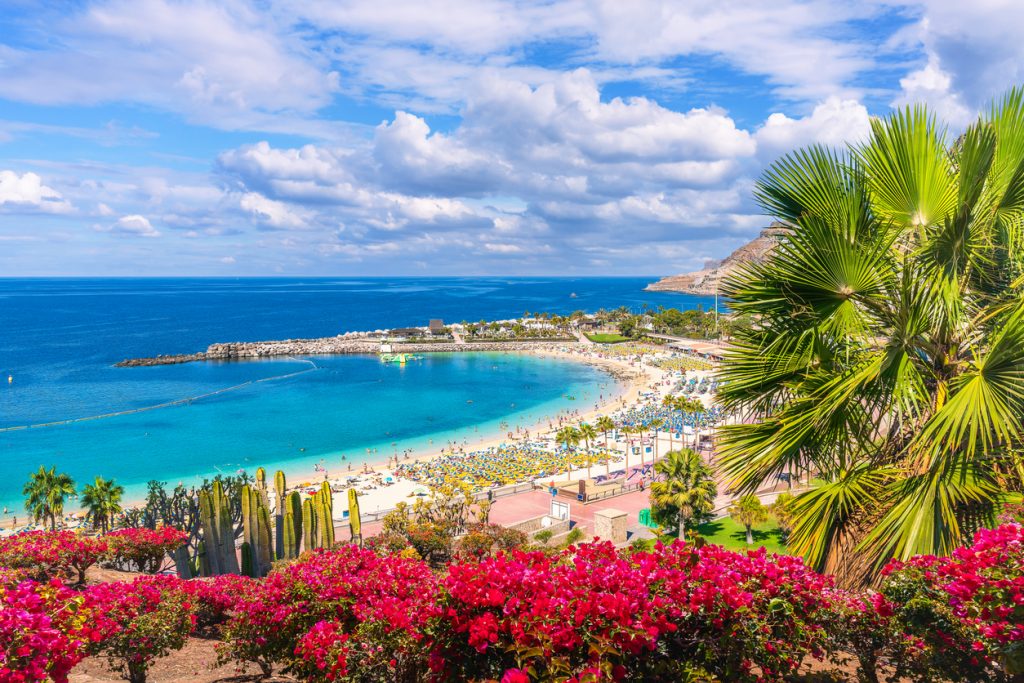Geschützte Badebucht mit hellem Sand, Promenade und vielen Sonnenschirmen auf Gran Canaria.