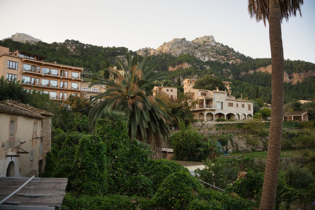 Blick auf Estellencs mit Steinhäusern, Palmen und terrassierten Gärten vor der bewaldeten Serra de Tramuntana.