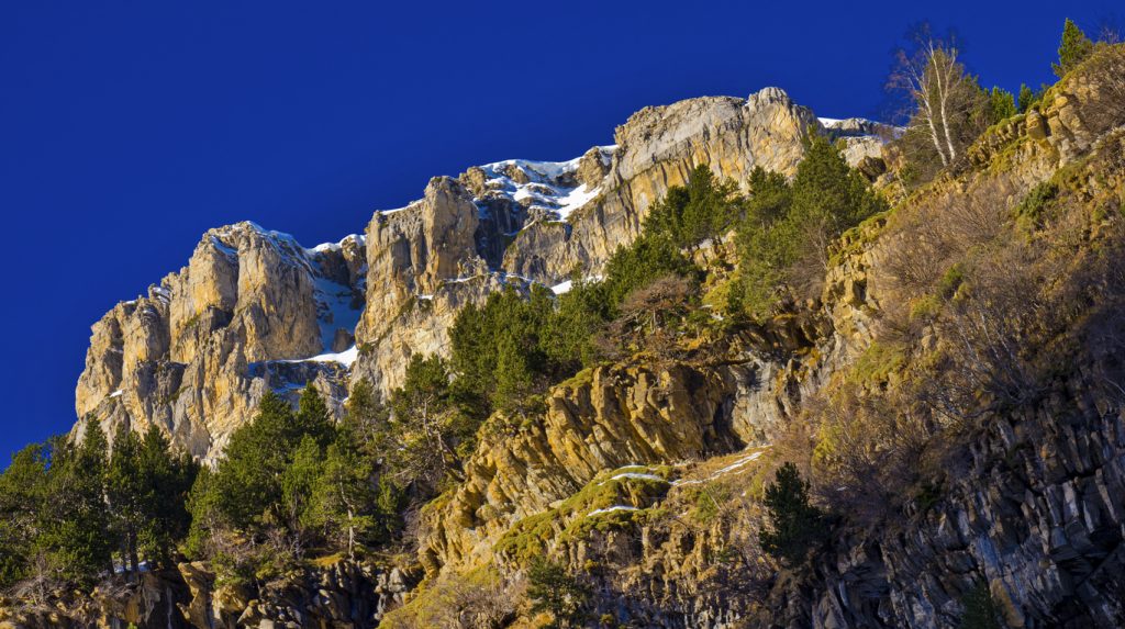 Steile Kalkklippen mit Restschnee und Kiefern im Nationalpark Ordesa y Monte Perdido unter tiefblauem Himmel.