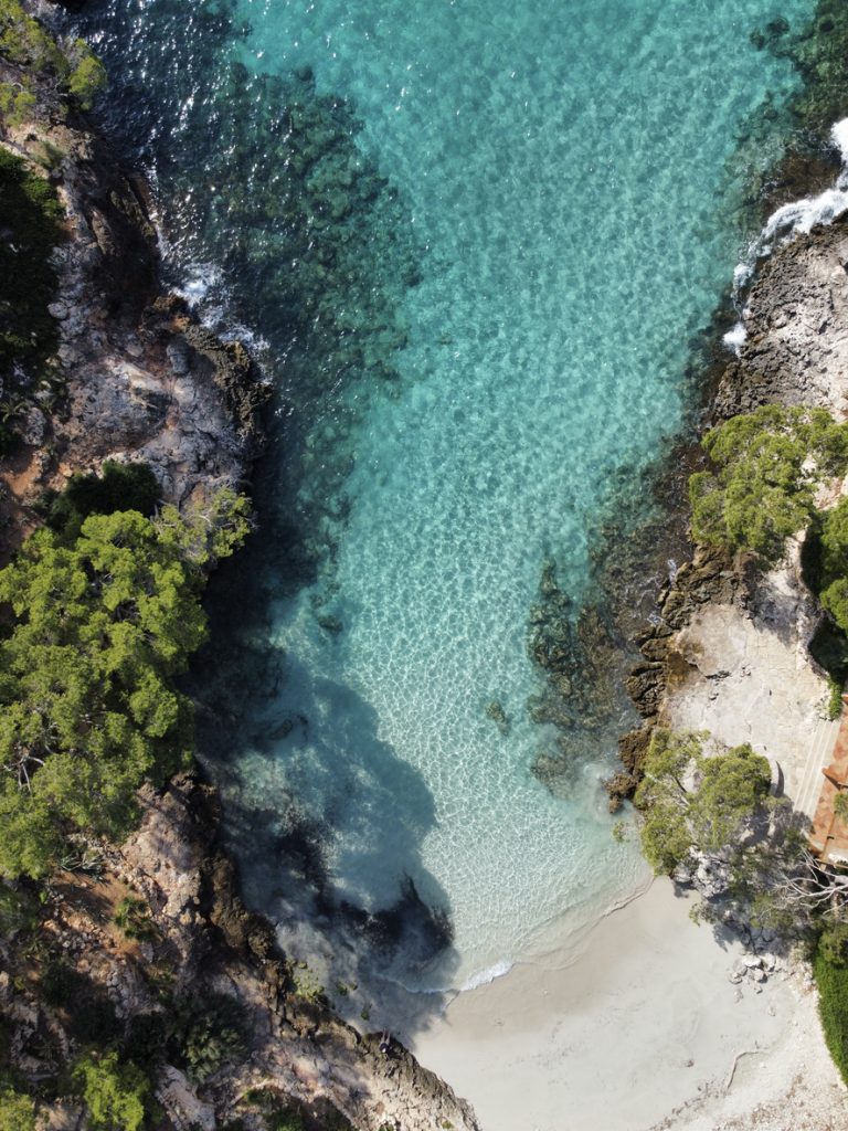 Senkrechte Luftaufnahme der Cala Mitjana mit kristallklarem Türkis, hellem Sandstrand und von Felsen sowie Kiefern gesäumten Ufern.