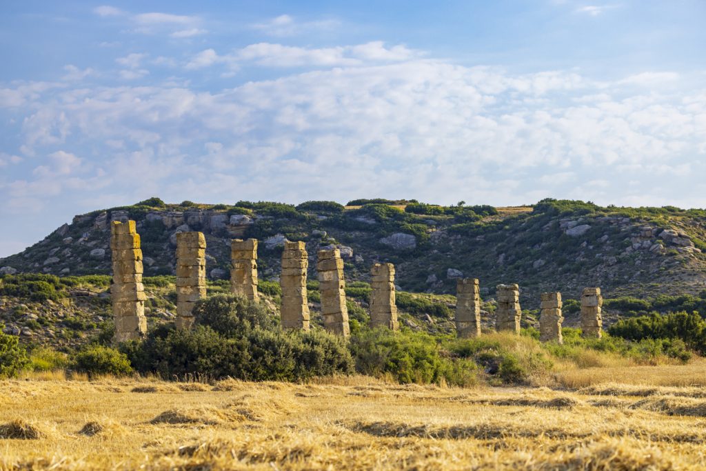 Verwitterte Steinpfeiler eines antiken Aquädukts stehen in einem goldgelben Feld vor buschigen Hügeln.