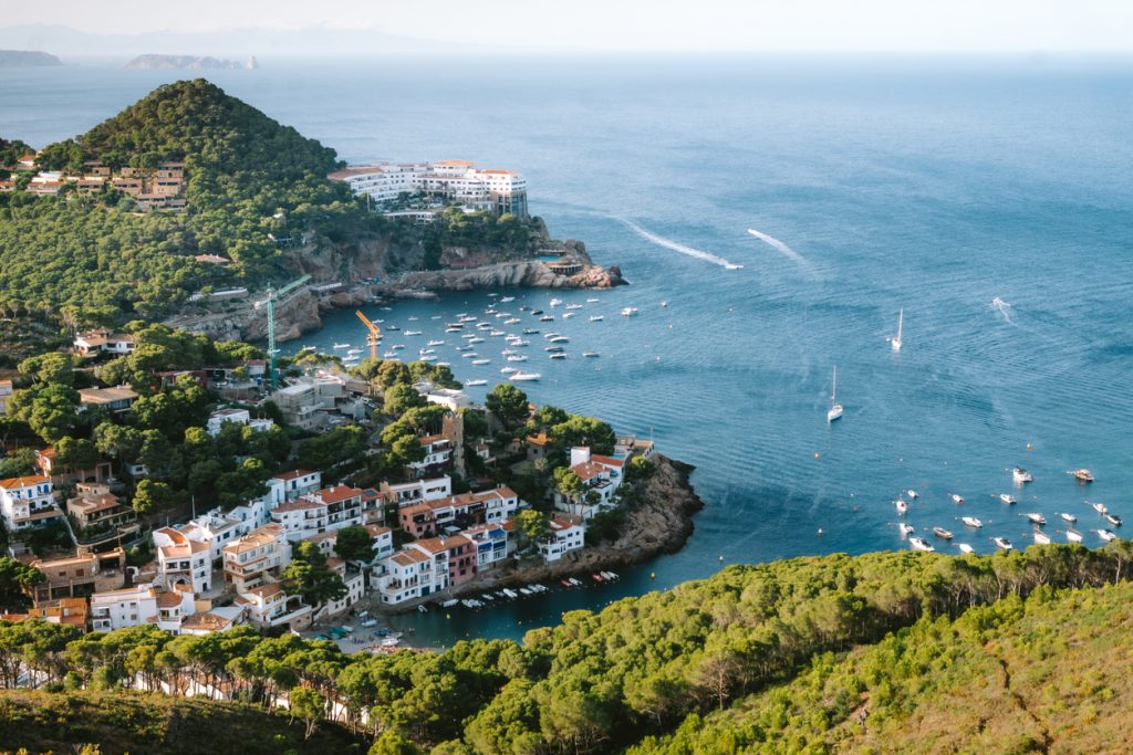Luftaufnahme mit Pinienhängen, Dorfhäuschen und vielen Booten in ruhigem Wasser.
