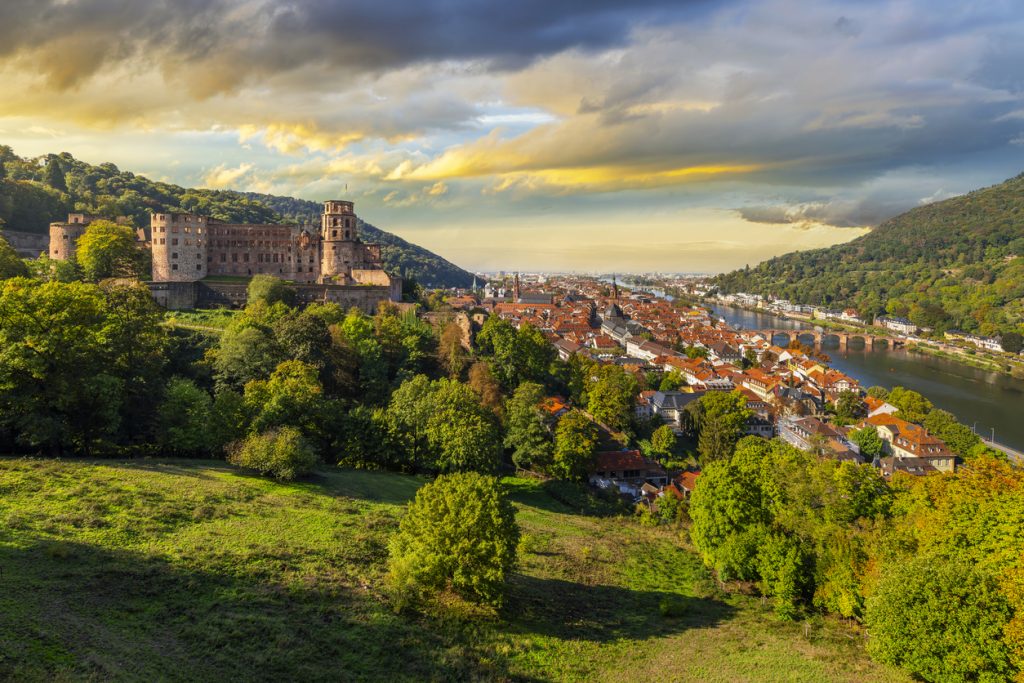 Panorama mit Schloss, Altstadt und Fluss am Rand des Schwarzwalds im warmen Abendlicht.