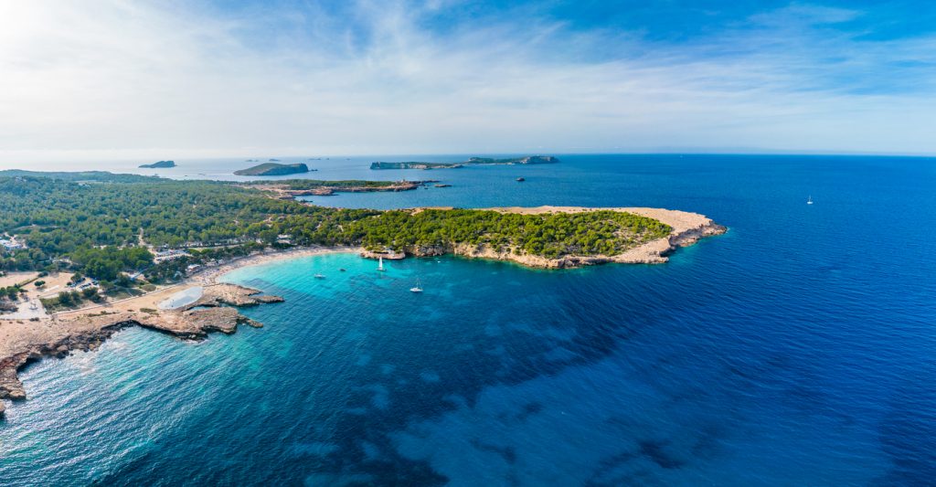 Panorama der Cala Bassa auf Ibiza mit pinienbewachsener Küste, türkisfarbenem Wasser und einzelnen Booten.