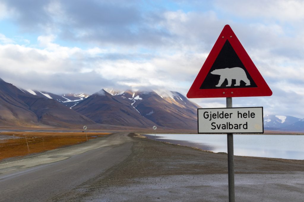 Ein Verkehrsschild mit Eisbären-Symbol warnt auf Spitzbergen vor dem gesamten Gebiet.
