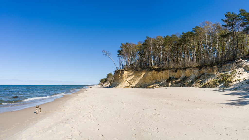 Ein breiter Sandstrand liegt unter blauem Himmel neben einer Steilküste mit Bäumen.