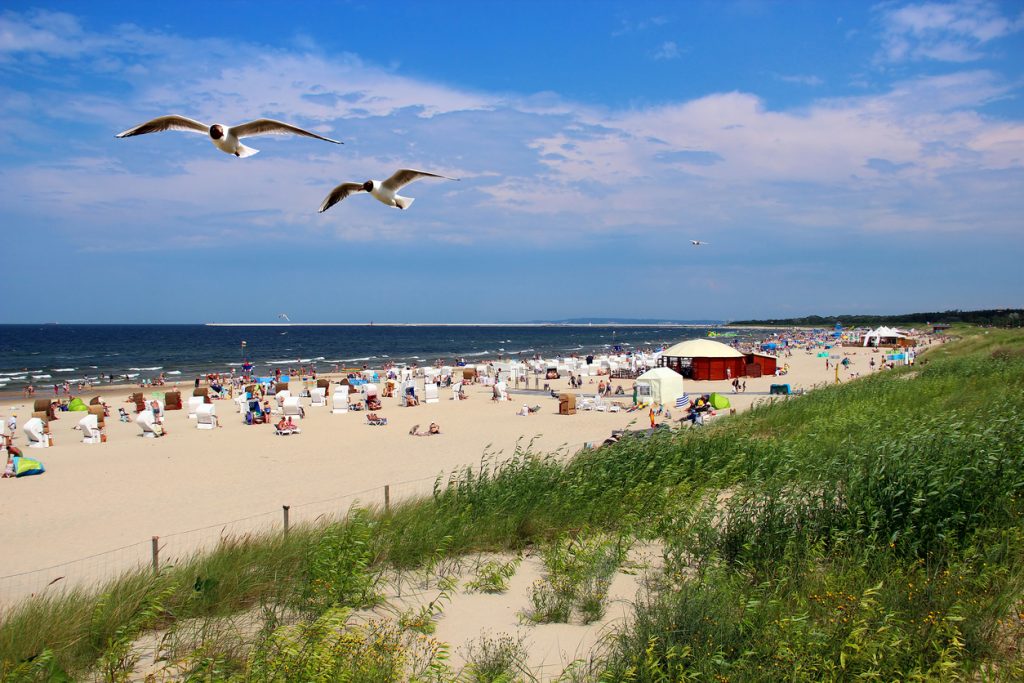 Ein voller Strand mit Strandkörben liegt am Meer, während Möwen über der Küste fliegen.