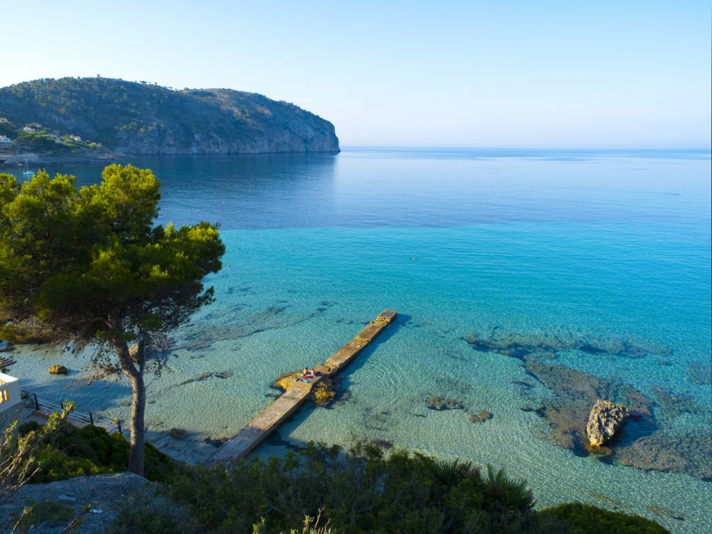 Blick auf die türkisfarbene Bucht mit kleinem Steg und Pinien am Ufer in Camp de Mar auf Mallorca.