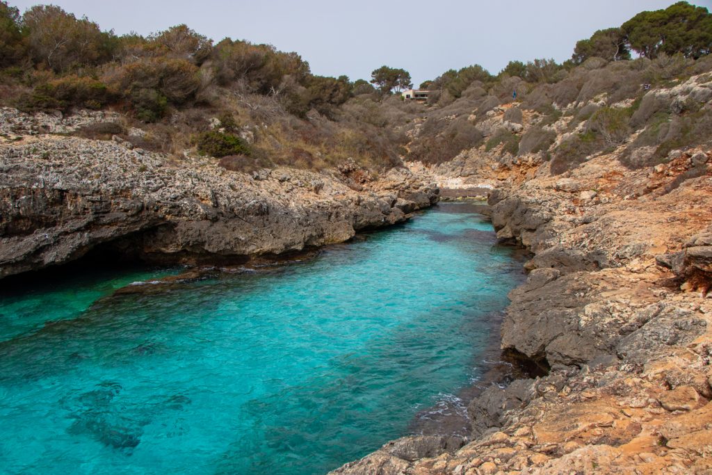 Schmaler Felseinschnitt mit kristallklarem, türkisfarbenem Wasser an der Cala Murta auf Mallorca.