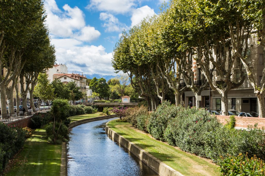 Baumallee entlang eines schmalen Kanals in Perpignan bei blauem Himmel.