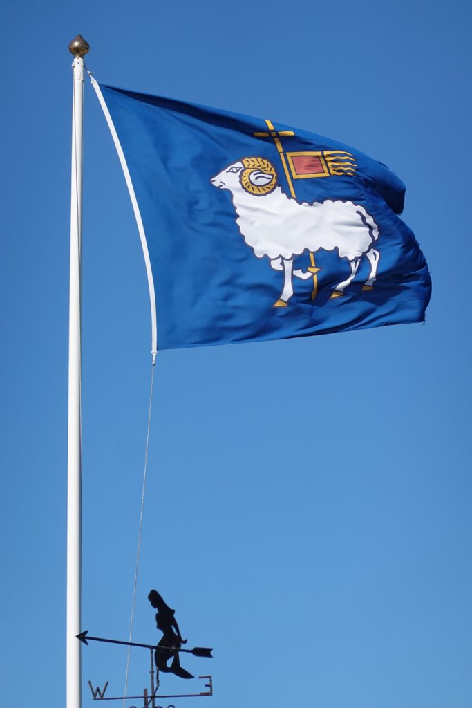 Blaue Flagge mit weißem Widder auf Fahnenmast vor blauem Himmel.