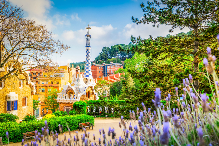 Blick durch Lavendelbüsche auf die fantasievollen Pförtnerhäuser des Park Güell mit ihrem weiß-blau gemusterten Turm.