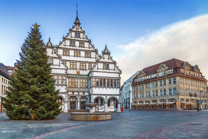 Das beleuchtete Paderborner Rathaus neben einem großen geschmückten Weihnachtsbaum.