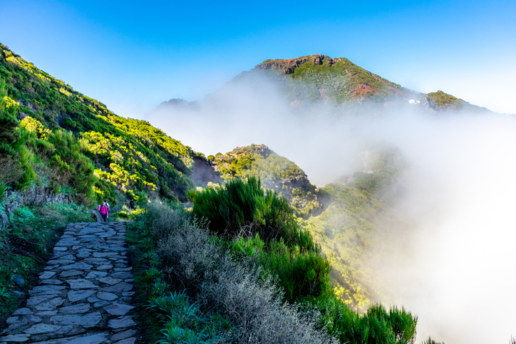 Ein schmaler Steinweg verläuft durch grüne Berghänge, während Nebel zwischen den Gipfeln liegt.