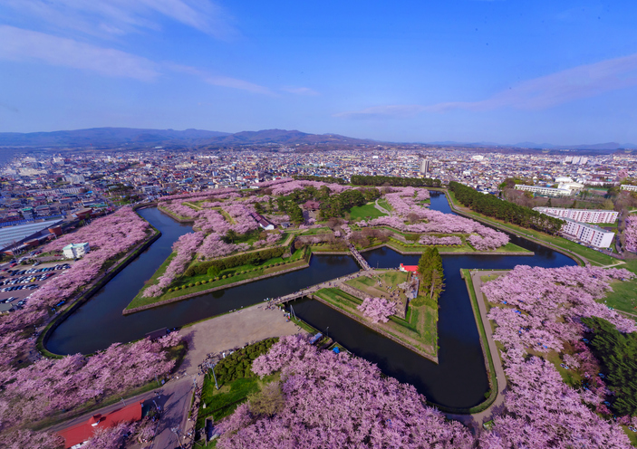 Eine weitläufige Park- und Wasseranlage ist aus der Vogelperspektive von rosa blühenden Bäumen umgeben.