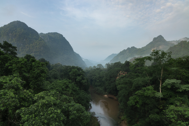 Ein ruhiger, brauner Fluss windet sich durch ein dicht bewaldetes Tal zwischen steilen, grünen Bergen unter einem bewölkten Himmel.
