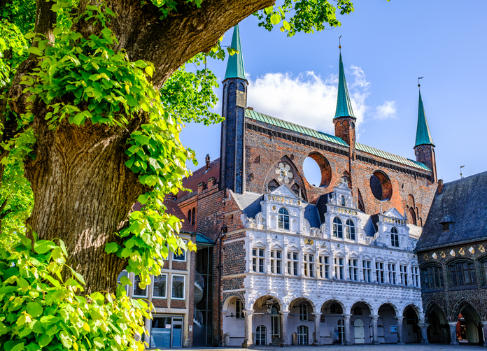 Blick durch einen grünen Baum auf den weißen Renaissance-Anbau des Rathauses, dahinter ragt die gewaltige Backsteinfassade der Marienkirche empor.