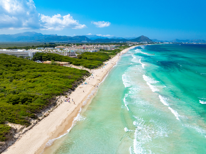 Luftaufnahme des endlosen, weißen Sandstrandes Playa de Muro mit kristallklarem, türkisfarbenem Wasser und Pinienwäldern.
