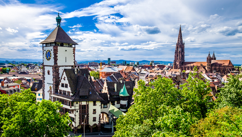 Der zweite erhaltene Torturm, das Schwabentor, thront über den Bäumen.