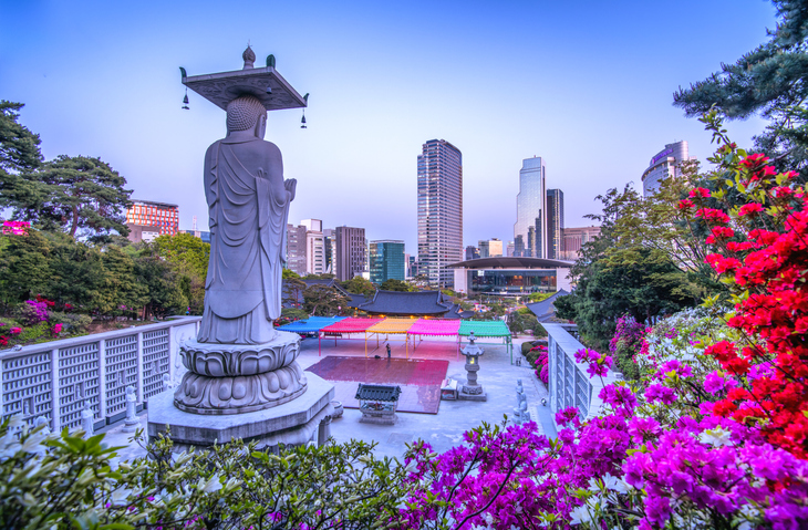 Eine große Buddha-Statue blickt in Seoul über farbenfrohe Laternen auf die Wolkenkratzer des Gangnam-Viertels.