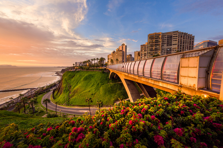 Ein Fußgängersteg über einer Steilküste in Lima mit Blick auf das Meer und bunte Blumenbeete im Vordergrund.