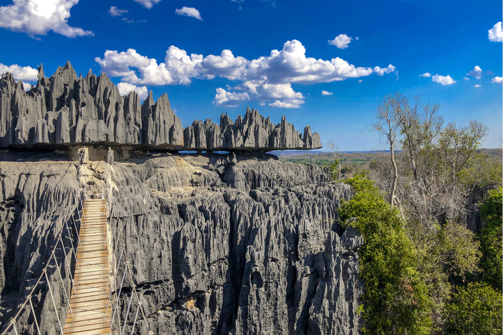 Eine schmale Holzbrücke führt zwischen messerscharfen, grauen Kalksteinformationen im Nationalpark Tsingy de Bemaraha hindurch.