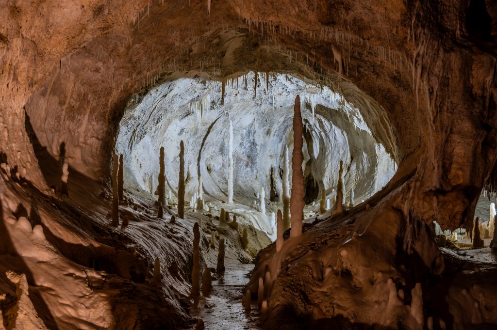 Ein Blick in das Innere einer Höhle mit zahlreichen Stalagmiten und Stalaktiten, die beleuchtet sind.