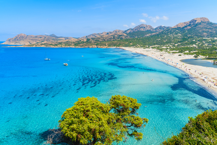 Ein atemberaubender Strand mit feinem Sand und türkisblauem Wasser, umgeben von einer Berglandschaft auf Korsika.