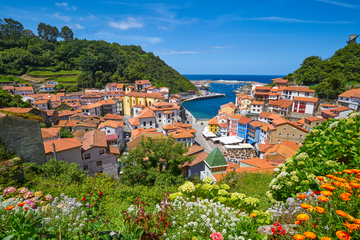 Ein weiter Blick zeigt Cudillero mit bunten Häusern, Hafen und blühenden Pflanzen.