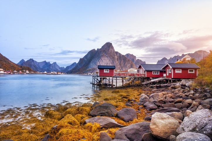 Rote Fischerhütten stehen direkt am Wasser vor einer markanten Bergkulisse auf den Lofoten in Norwegen.