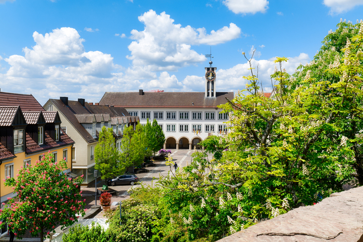 Blick über grüne Bäume und Dächer auf ein öffentliches Gebäude in Böblingen mit Uhrturm.