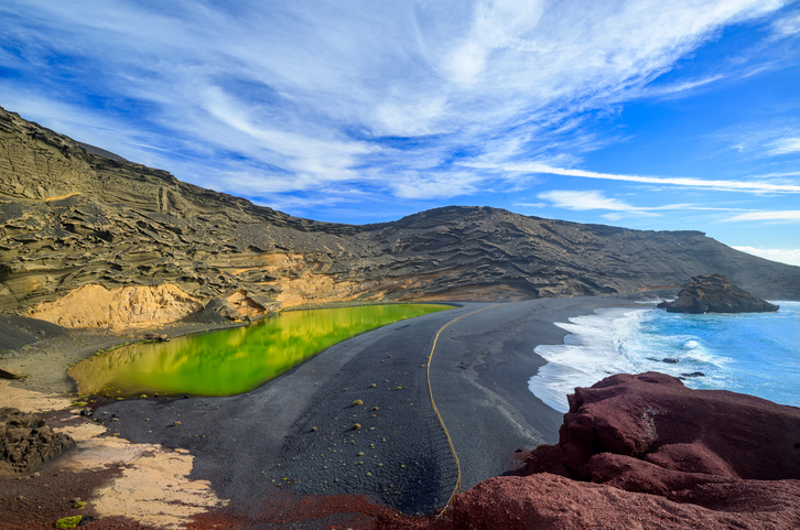 Eine grüne Lagune liegt direkt neben schwarzem Strand und heller Brandung auf Lanzarote.