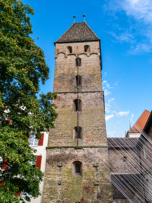 Hoher, schmaler Backsteinturm in Ulm vor blauem Himmel, eingerahmt von Bäumen und umliegenden Gebäuden.