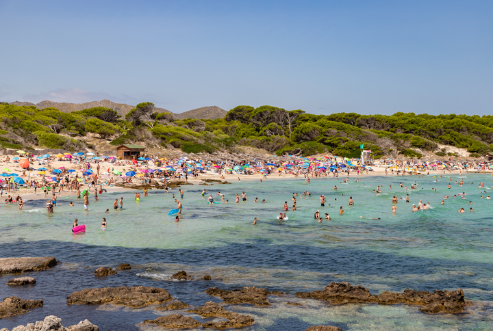 Viele Badegäste genießen das flache Wasser und den Strand der Cala Agulla auf Mallorca.