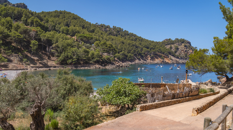 Blick auf die Bucht Cala Tuent mit türkisblauem Wasser, Booten und bewaldeten Hängen auf Mallorca