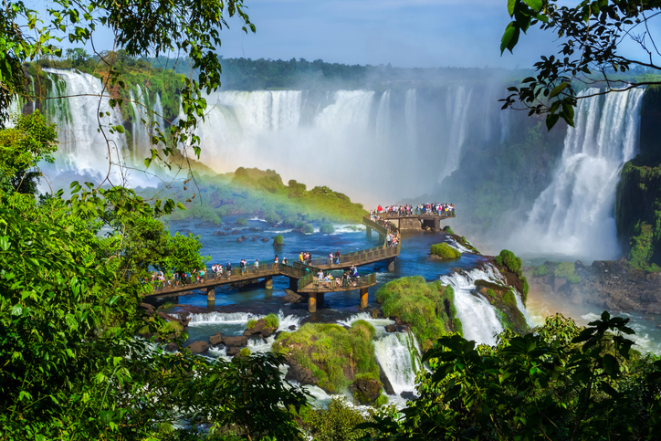 Gewaltige Wasserfälle stürzen zwischen grüner Vegetation in die Tiefe im Nationalpark Iguaçu.
