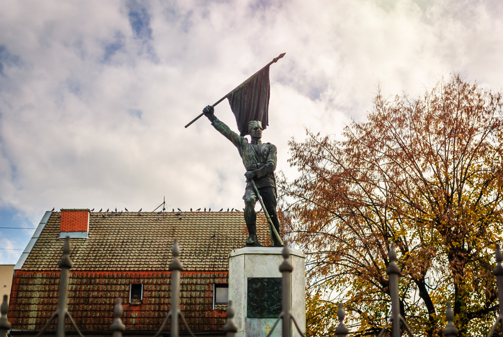 Statue eines Mannes mit erhobener Fahne auf hohem Sockel vor Häusern und Herbstbaum in Šabac