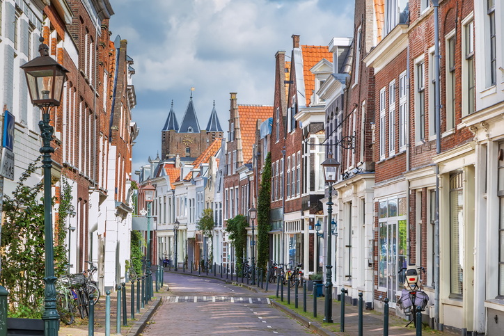 Schmale Straße in Haarlem mit Backsteinhäusern, Fahrrädern, Laternen und einem historischen Stadttor im Hintergrund.