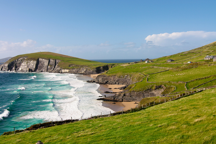 Geschwungene Bucht mit Wellen, grünen Weiden und Klippen bei Dingle