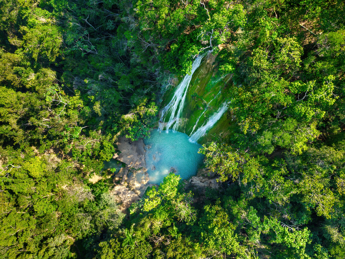 Kleiner Wasserfall mit türkisfarbenem Naturbecken in dichtem grünen Wald