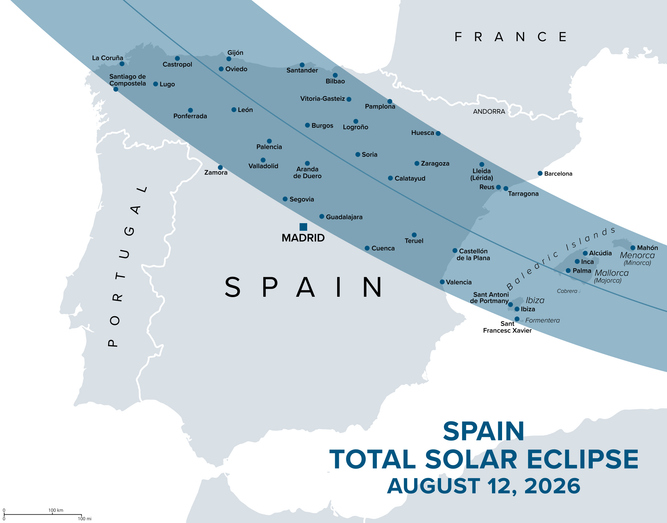 Karte zum Verlauf der totalen Sonnenfinsternis am 12. August 2026 über Spanien mit markiertem Finsterniskorridor und Mallorca innerhalb des dargestellten Bereichs.