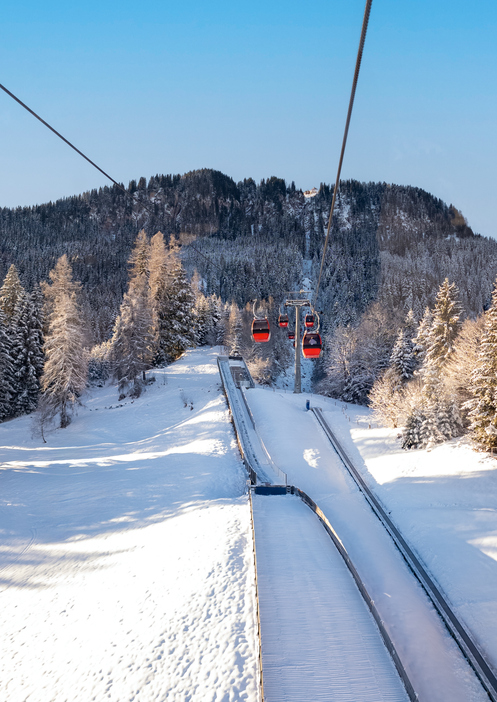 Rote Gondeln über einer schneebedeckten Trasse und winterlichen Bäumen in Kitzbühel.