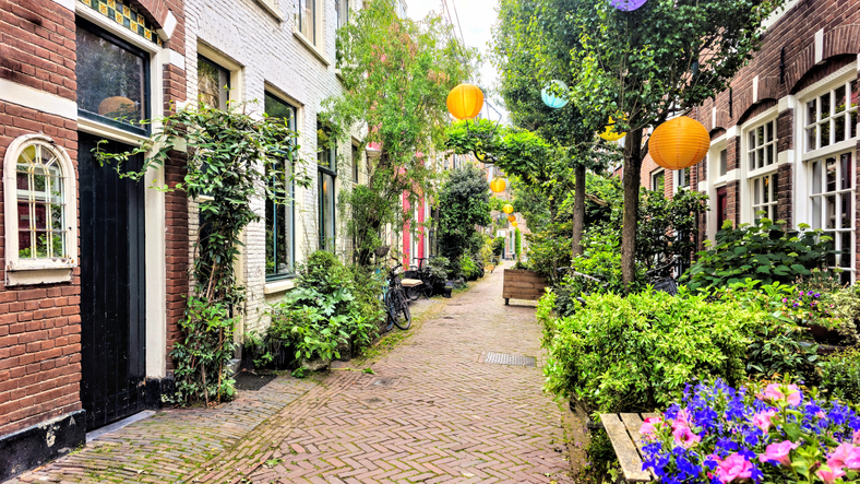 Schmale gepflasterte Gasse in Haarlem mit viel Grün, bunten Blumen, historischen Häusern und aufgehängten Lampions.