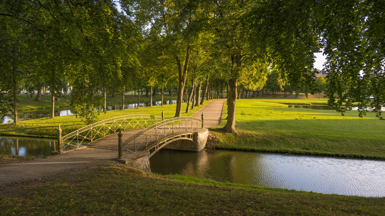 Eine kleine helle Brücke führt über einen schmalen Wasserlauf in einer grünen Parkanlage in Schwerin.