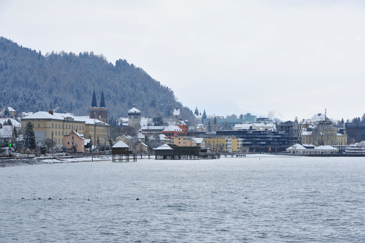 Winterliche Uferansicht von Bregenz mit verschneiten Dächern, Seeufer und bewaldetem Hang im Hintergrund.