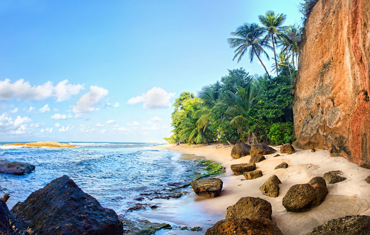 Kleiner tropischer Strand auf Dominica mit Felsen, Palmen, hellem Sand und steiler, rötlicher Küstenwand direkt am Meer.
